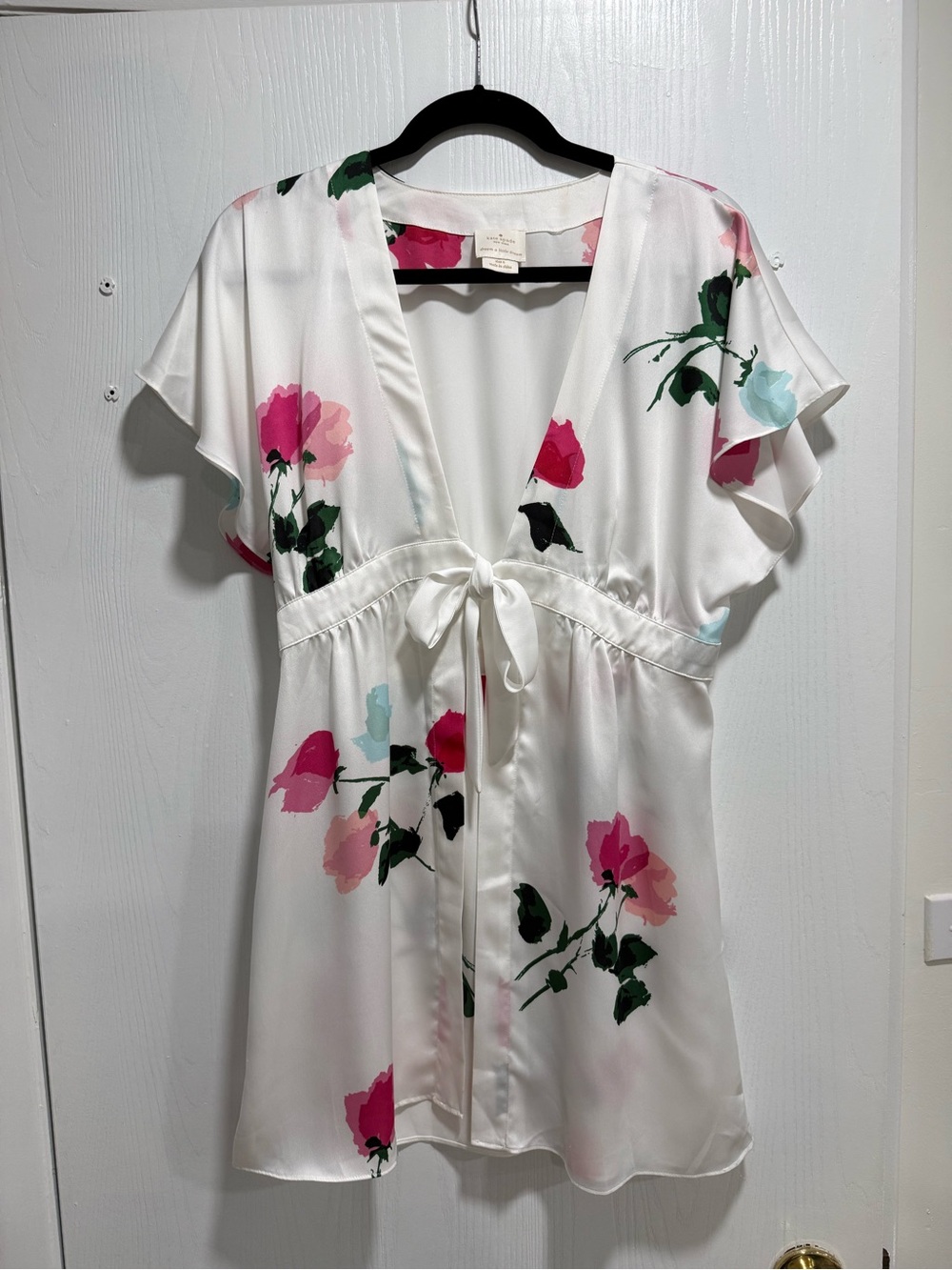 kate spade White Floral Satin Tie-Front Sleep Robe